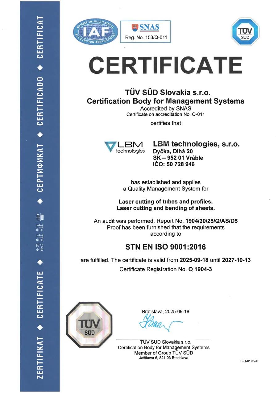 Certificate STN EN ISO 9001:2016 — English version