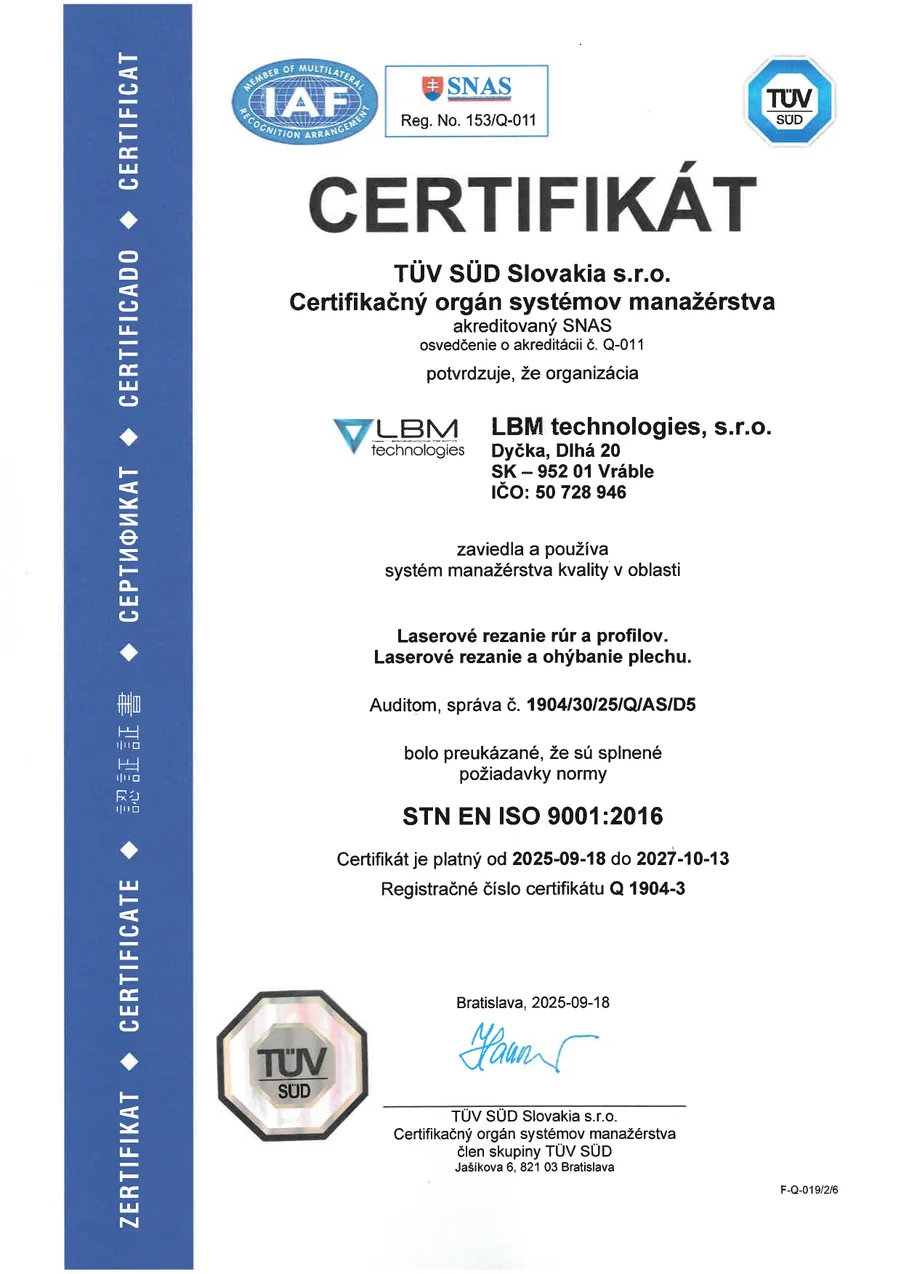 Certifikát STN EN ISO 9001:2016 — slovenská verzia